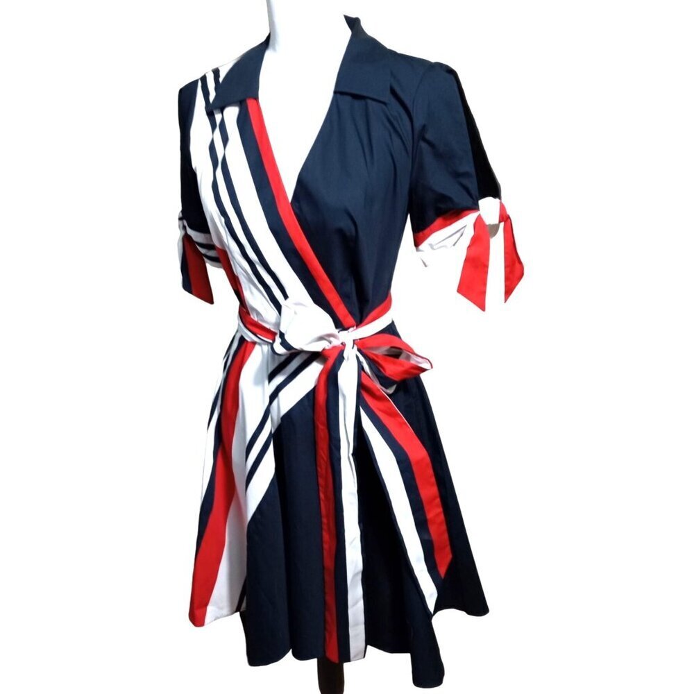 NWT Venus Blue & Red and White wrap dress cut out sleeves Sz 2 - Picture 3 of 16